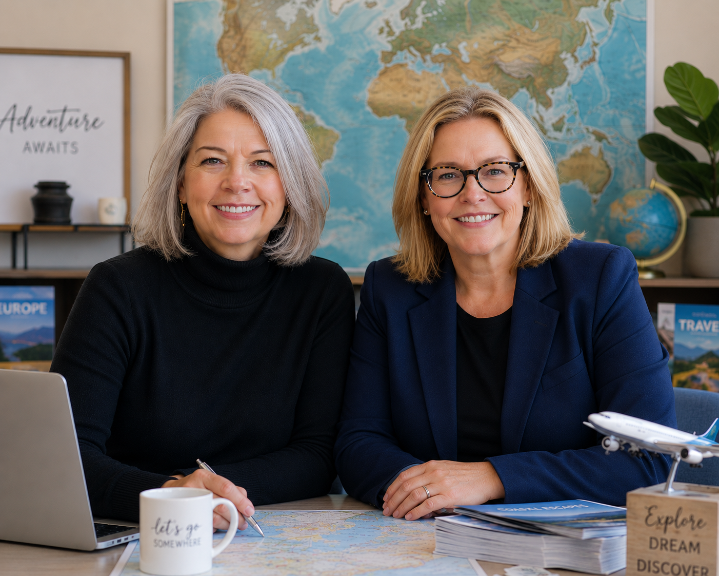 Kari and Schelli planning at a desk beneath a world map