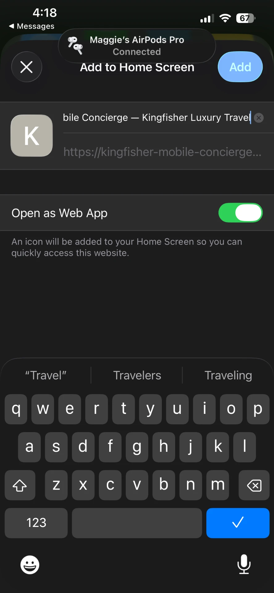 iPhone screenshot of the Safari Add to Home Screen dialog for the Kingfisher Mobile Concierge, showing the app name field and the Add button