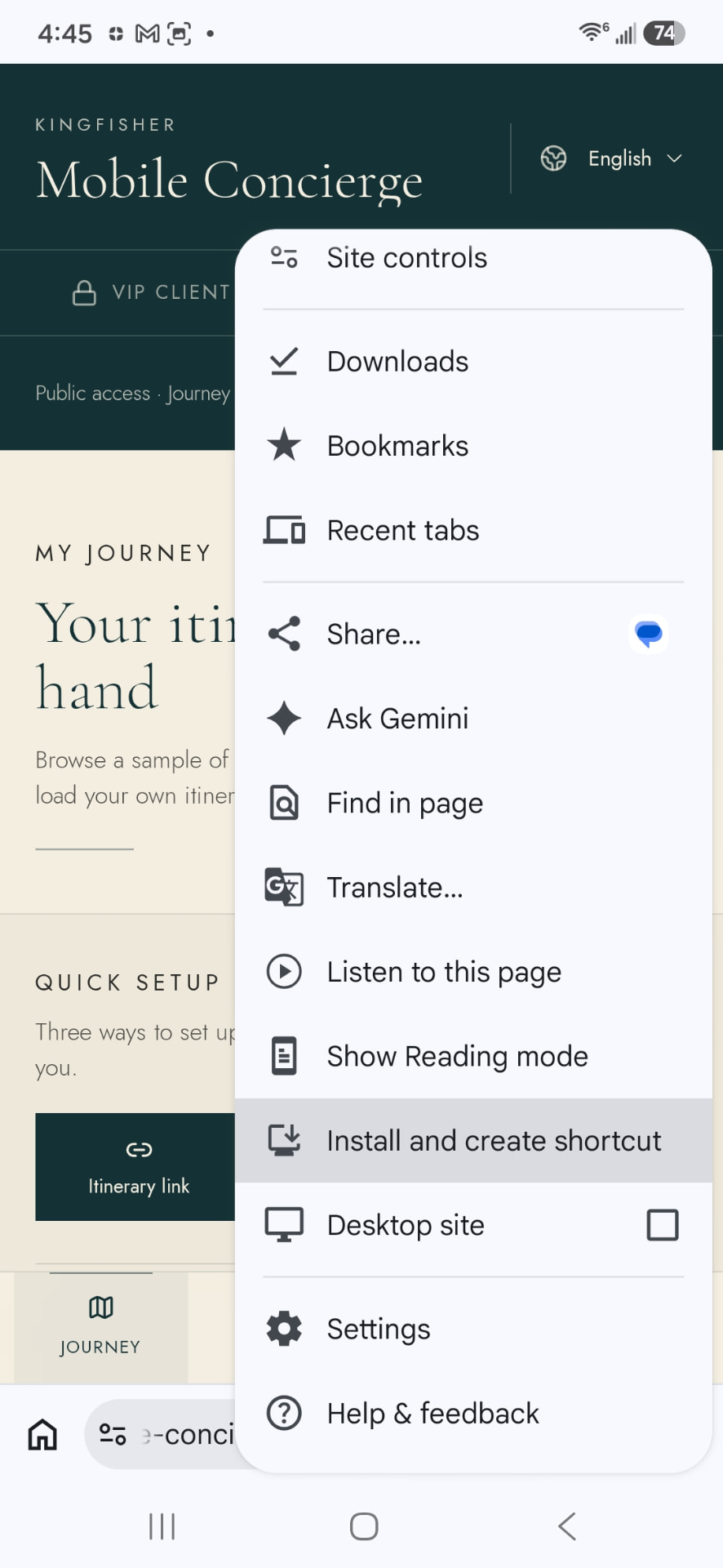 Android screenshot of the Chrome three-dot menu on the Kingfisher Mobile Concierge page, with the Install and create shortcut option highlighted