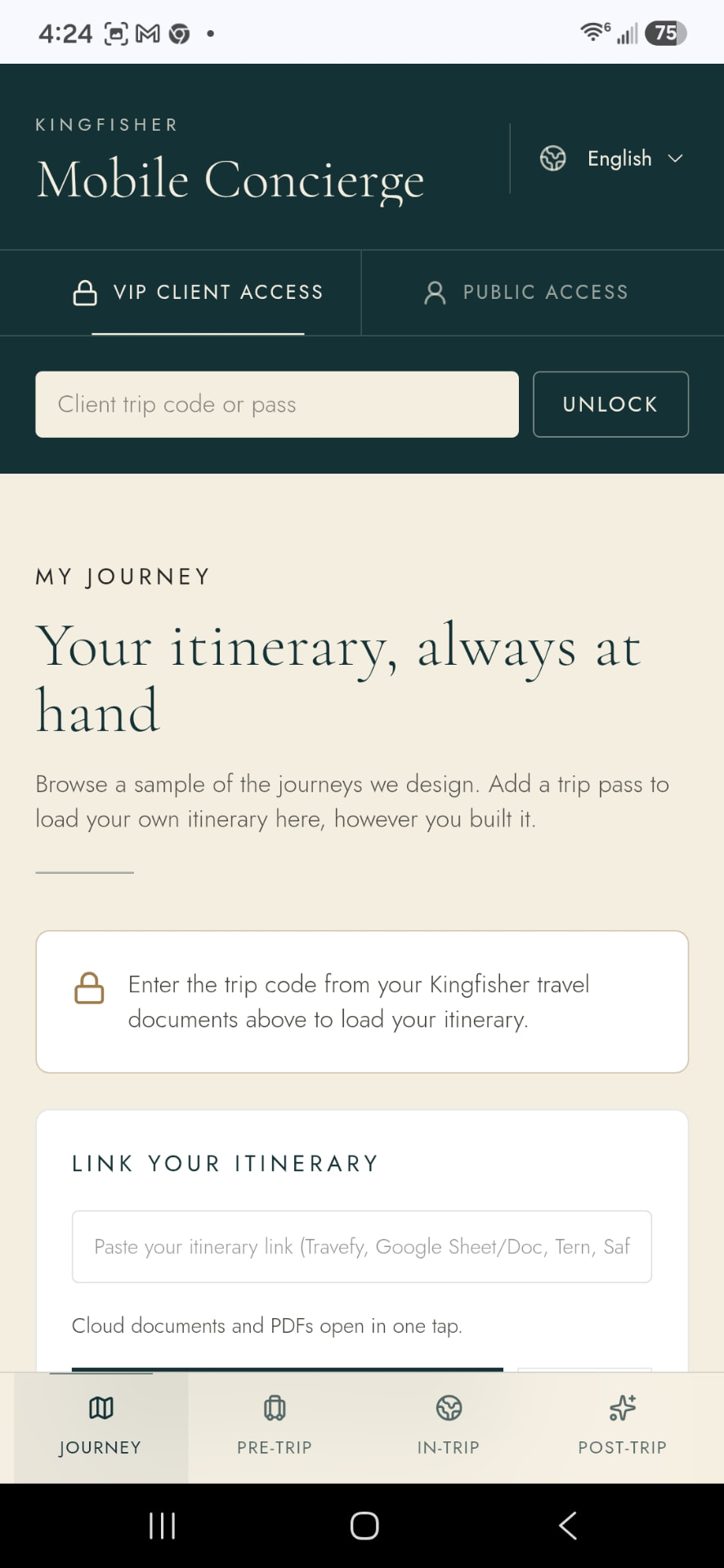Android screenshot of the Kingfisher Mobile Concierge VIP access screen, showing a field to enter a client trip code with an Unlock button, and a box for linking an itinerary from Travefy, Google Docs or Sheets