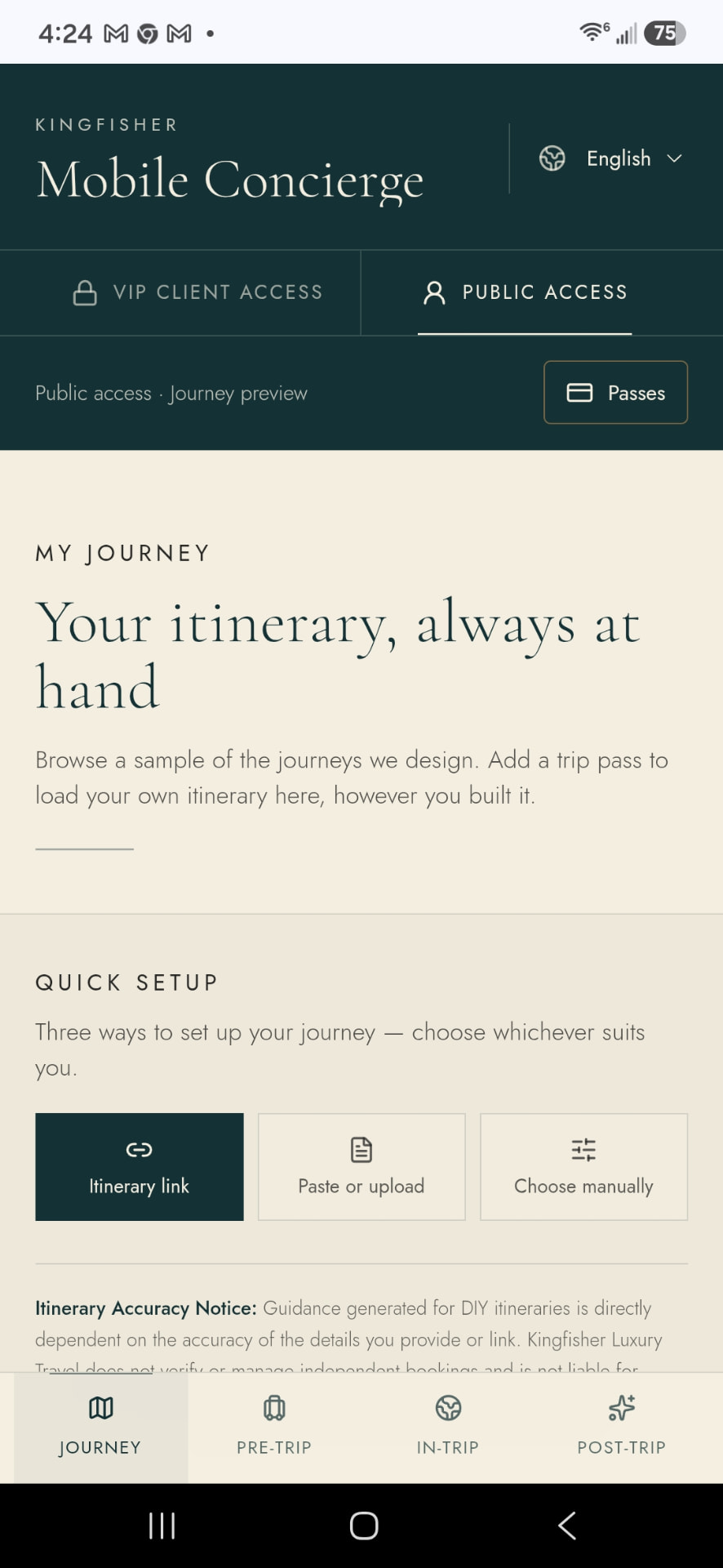 Android screenshot of the Kingfisher Mobile Concierge journey preview, showing the My Journey heading, quick setup options for an itinerary link, paste or upload, and manual selection, with Journey, Pre-Trip, In-Trip and Post-Trip tabs along the bottom