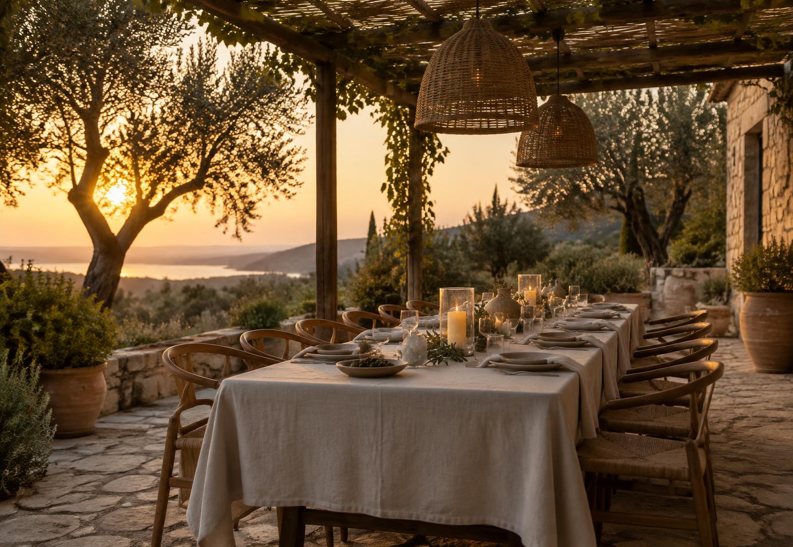 A long table set for dinner outdoors at golden hour